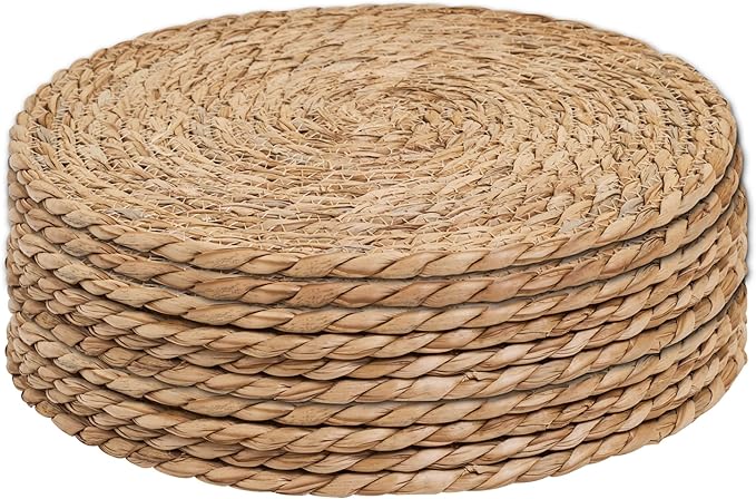 Defined Deco Woven Placemats Set of 10,12" Round Rattan Placemats,Natural Hand-Woven Water Hyacinth Placemats,Farmhouse Weave Place Mats,Rustic Braided Wicker Table Mats for Dining Table,Home,Wedding.