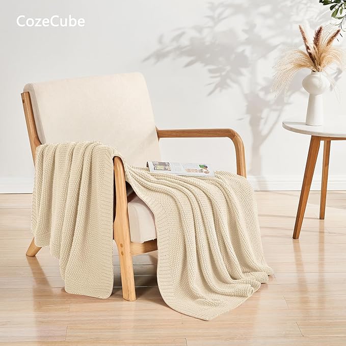 CozeCube Beige Throw Blanket for Couch, Soft Cozy Cable Knit Throw for Bed Sofa Living Room, Lightweight Warm Decorative Farmhouse Christmas Blanket, 50"x60", Light Beige