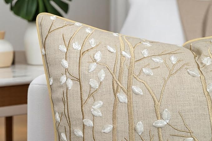 VAGMINE Embroidered Forest Throw Pillow Cover - 20x20 Inches Square - 100% Linen Natural Decorative Cushion Cover - Elegant Embroidery - Rustic Home Accent for Sofa, Bed, Couch, Farmhouse Décor