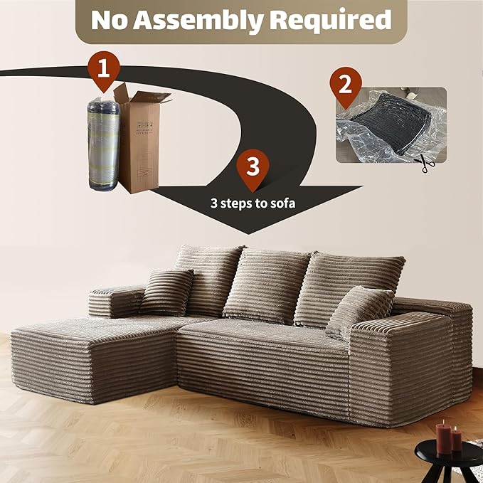HYJT-H&K Modular Sectional Sofa Cloud Couch, 107" Comfy L Shaped Sectional Couches for Living Room, Deep Seat Memory Foam Plush Fluffy Corduroy Boneless Couch Sectionals Left Facing Sofa Chaise Brown