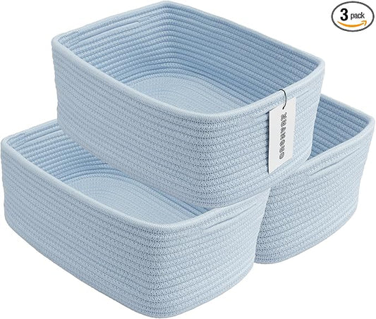 Small Woven Storage Baskets 13“X9”X5“ Decorative Rope Bins for Organizing Shelves, Closets, and Toys, Empty Gift Baskets, Cute Organizer Basket for Home and Office (blue, Large)