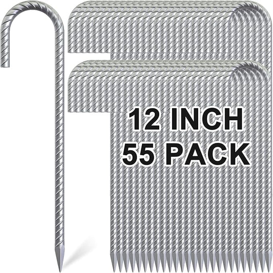 Rebar Stakes 12 Inch, 55 Pack Galvanized Metal Tent Stakes Heavy Duty Ground Stakes, J Hook Steel Fence Stakes for Ground, Outdoor Decoration, Wire Fencing, Gardening