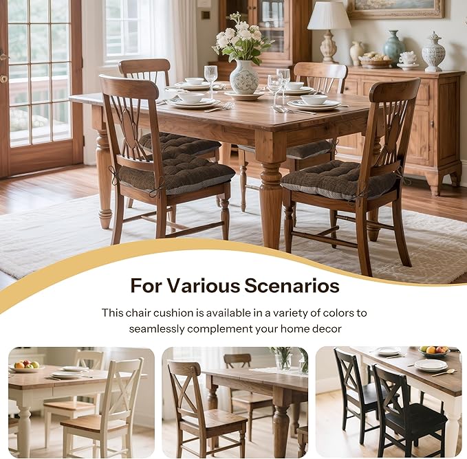 Non Slip Chair Cushions for Dining Chairs Set of 4 Kitchen Chair Cushions 18"x18"x3" Turfted Chair Pads Comfortable and Soft Seat Cushion with Ties, Coffee