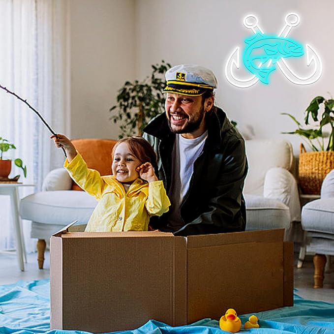 LISIGNVE Crossed Fish Hooks Neon Sign Fishing Led Neon Light for Wall Decor Fish On Light up Sign for Fishing Gear Store Yacht Gift for Father Boy(16.5 * 12.6 In)