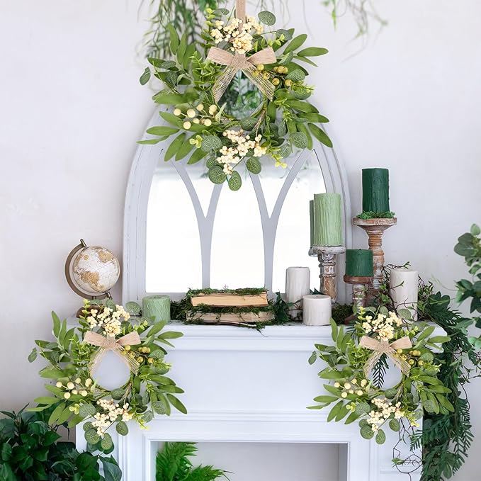 6 Pcs Green Eucalyptus Swag Wreaths for Pillars Spring Summer Kitchen Cabinet Wreaths Mini Green Berry Leaves Wreath with Ribbon for Front Door Porch Wall Window Farmhouse Decoration