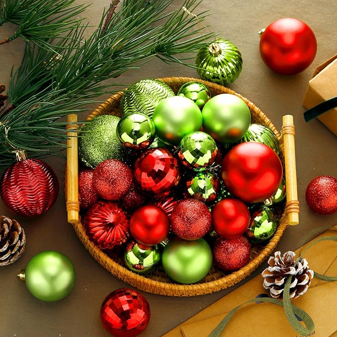 64 Pcs Christmas Ball Ornaments Lime Green Red Plastic Glitter Christmas Tree Decoration Assorted Size Hanging Xmas Ornament for Tree Home Indoor Decor, 1.6/1.97/2.4 Inch