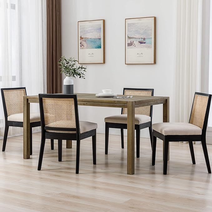 VESCASA Upholstered Dining Chairs with Square Wooden Rattan Back, Armless Padded Linen Cushion Dining Chairs with Wood Legs for Dining Room, Kitchen, Set of 4, Black Frame