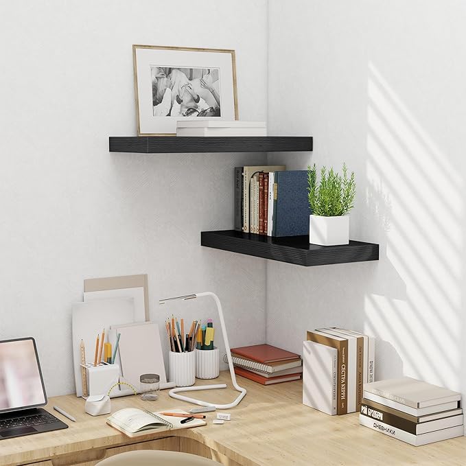 Fun Memories 24 Inch Floating Shelves Wall Mounted, 10 Inch Deep Wall Shelves, 24 x 10 Floating Shelf for Living Room Bathroom Bedroom, Black, Set of 2