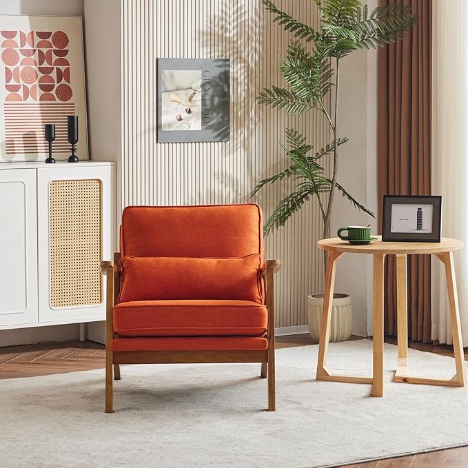 Karl home Accent Chair Wide Armrest Mid-Century Lounge Chair Linen Fabric Armchair with Lumbar Pillow & Solid Wood Frame for Living Room, Bedroom, Balcony, Burnt Orange