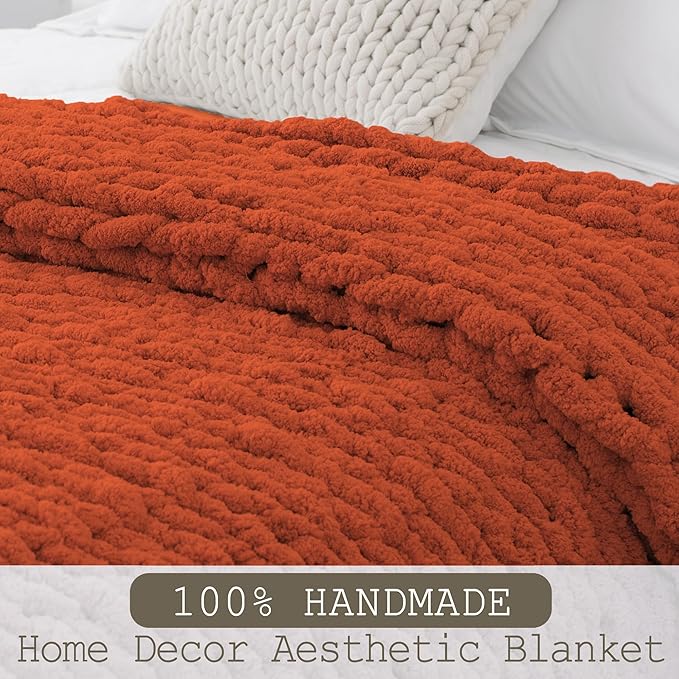 Chunky Knit Throw Blanket 60"X 80", 100% Handmade with Soft Chenille Yarn, 4.4lbs Thick Cable Knitted Blankets, Large Rope Knot Crochet Throws for Couch Sofa Bed Home Decor, Rust