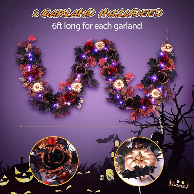 SHareconn 2 Pcs 6FT Halloween Garland with Purple Lights Battery Operated and Timer, Pre-Lit Black Red Maple Leaves Lighted Garland Decorations for Fireplace Mantle Centerpiece Indoor Outdoor Decor