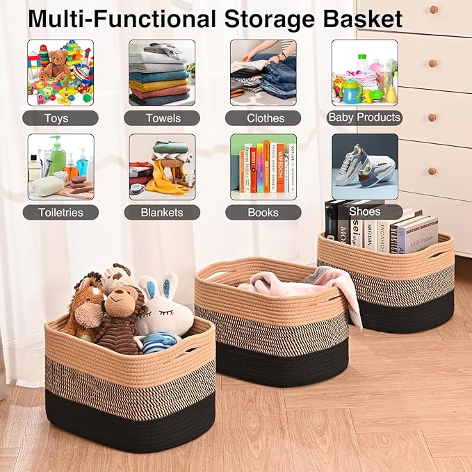 Storage Baskets for Organizing Shelves, Decorative Baskets for Storage, Woven Cotton Rope Basket for Living Room Bedroom Nursery, 15"x11"x9.5", 3 Packs, Gradient Black & Jute