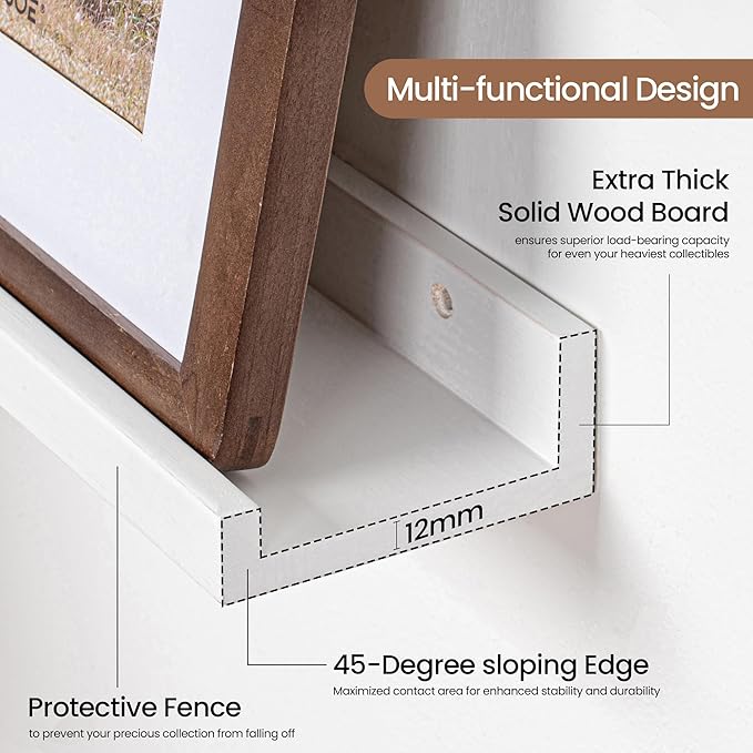 Picture Ledge Shelf, Solid Pine Wood Floating Shelves Set of 2, 32 Inches Nursery Book Shelves for Toys Storage, Kids Bookshelf Wall Mounted for Living Room Bedroom Decor Books Photo Frames, White