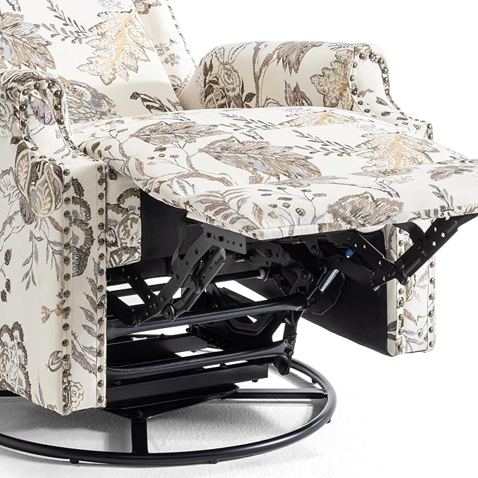 UIXE Swivel Rocker Manual Recliner Chair, Wingback Swivel Glider Fabric Nursery Reclining Sofa Chair, High Back Upholstered Arm Chair for Living Room Bedroom - Beige Plants