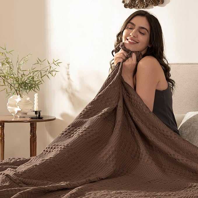 PHF Cooling Waffle Blanket Twin Size, Lightweight 60% Rayon Derived from Bamboo & 40% Cotton Breathable Blanket for Hot Sleepers, Soft and Luxury for Bed Couch and Sofa, 66"x90", Cocoa Brown