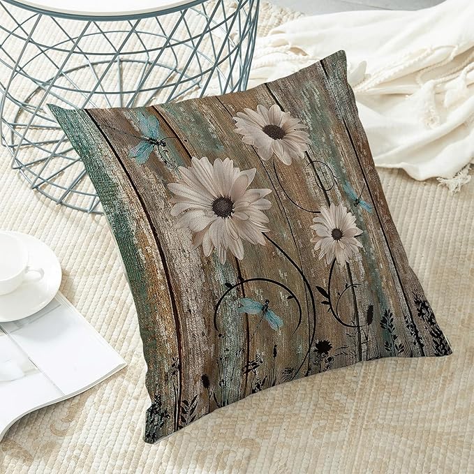 CXMEIFLY Spring Floral Pillow Covers 18 x 18 Inch Set of 2 for Brown Wood Texture Daisy Flowers Decor Throw Pillows Dragonfly Plant Floral Outdoor Decorative Cushion Cases for Couch Bed Decorations