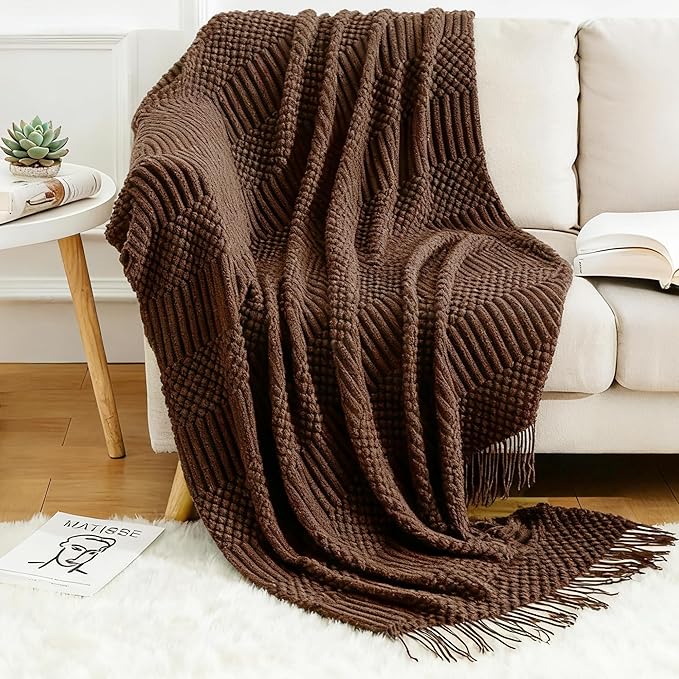 Blagic Knitted Throw Blanket for Couch and Bed, Soft & Cozy Knit Blanket with Tassel, Brown Lightweight Decorative Blankets & Throws, Farmhouse Warm Woven Blanket for All Seasons,50" W x 60" L