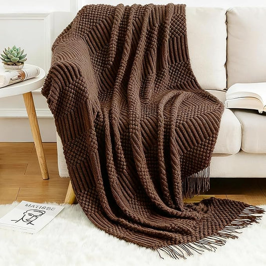 Blagic Knitted Throw Blanket for Couch and Bed, Soft & Cozy Knit Blanket with Tassel, Brown Lightweight Decorative Blankets & Throws, Farmhouse Warm Woven Blanket for All Seasons,50" W x 60" L