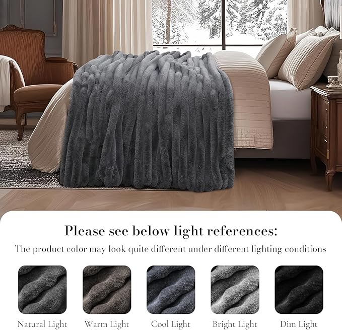 Amélie Home Faux Fur Throw Blanket for Couch, Ultra Cozy Fuzzy Fluffy Fur Luxurious Soft Striped Plush Gift Blankets for Family Sofa Chair Bed Living Room Bedroom, 55"x70", Ionic Wolf Gray