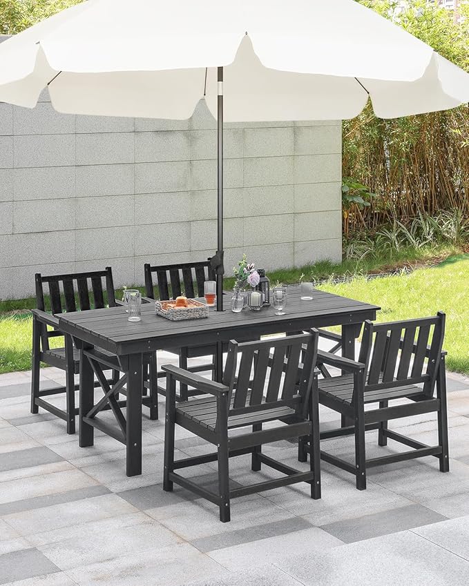 HDPE Patio Dining Set, 5-Piece Outdoor Table and Chairs with Umbrella Hole, Modern Outdoor Dining Set for 4, HDPE Outdoor Patio Furniture Dining Sets for Deck, Poolside, Porch, Obsidian