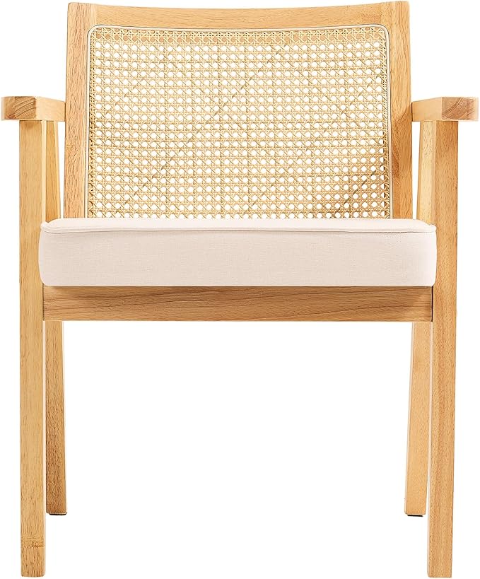 VEVOR Mid Century Modern Rattan Chair, Upholstered Velvet Accent Chair with Rattan Back, Retro Living Room Chair for Living Room, Bedroom, Reading Room, and Office, Beige