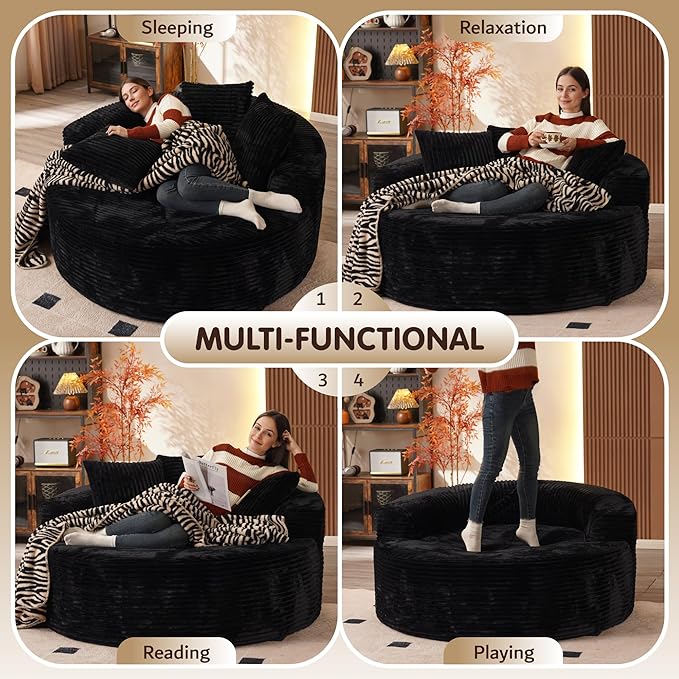 ovios 58" Oversized Round Chair Lounge Chaise Indoor, No Assembly Required, Cloud Large Circle Chair with Plush Fuax Fur, Fluffy Modern Sleeper Sofa Bed for Reading Yoga, Black (Plush Corduroy Fabric)