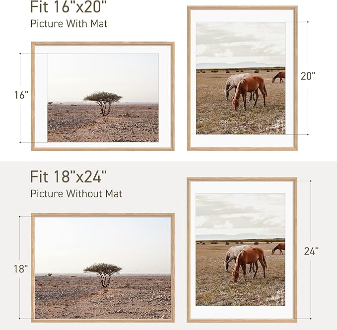 18x24 Poster Frame Set of 4 Natural Solid Oak Photo Frames with 16x20 Removable Mat Wall Hanging Large Handcrafted Frame with HD Plexiglass Wall and Tabletop Display Large Picture Frame