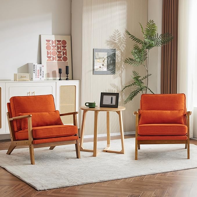 Karl home Accent Chair Wide Armrest Mid-Century Lounge Chair Linen Fabric Armchair with Lumbar Pillow & Solid Wood Frame for Living Room, Bedroom, Balcony, Burnt Orange