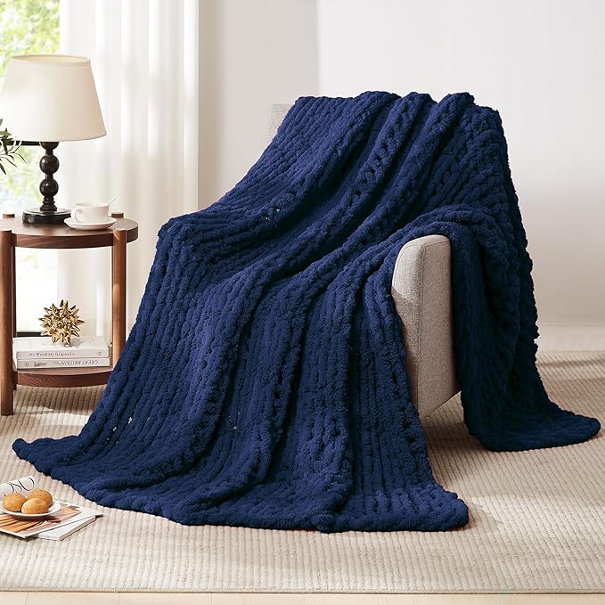 L'AGRATY Chunky Knit Blanket Throw - Soft Throw Blanket 60x80: 100% Hand Kintted Chenile Crochet Throw Blanket for Couch - Large Cable Knit Blanket for Home Decor(Dark Blue)