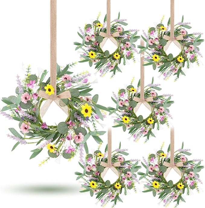 6 Pcs Spring Summer Artificial Flowered Swag Wreaths 3" Mini Floral Daisy Hanging Wreaths for Kitchen Cabinets Pillar Candle Holder Wreath for Wedding Farmhouse Porch Wall Window Door Tabletop Decor