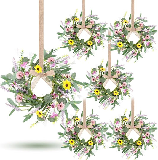 6 Pcs Spring Summer Artificial Flowered Swag Wreaths 3" Mini Floral Daisy Hanging Wreaths for Kitchen Cabinets Pillar Candle Holder Wreath for Wedding Farmhouse Porch Wall Window Door Tabletop Decor