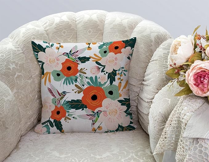 TSSOHU Flower and Hummingbird Pillow Cover Cotton Linen Spring Red Flower Green Leaves Boho Decorative Pillow Covers Cushion Cover Home Decor Pillowcase for 18x18 Inch