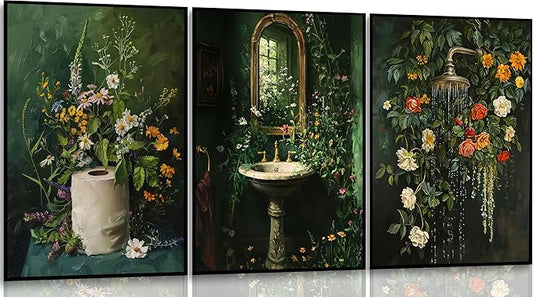 3Pcs Vintage Dark Green Bathroom Wall Art Shower Toilet Paper Roll Floral Poster Print Modern Farmhouse plants Painting Picture Wall Decor For Bathroom Living Room Decoration Unframed