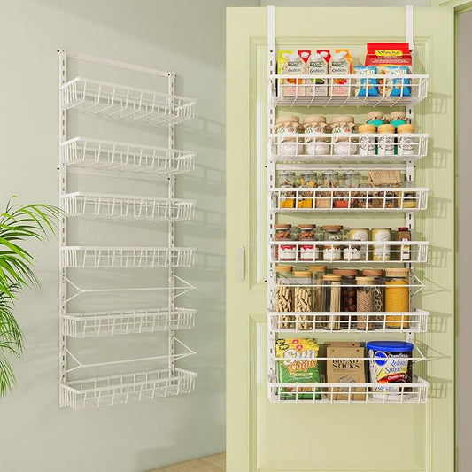 Over The Door Pantry Organizer, Wall Mount Spice Rack, Pantry Hanging Storage and Organization, 6 Adjustable Baskets Heavy-Duty Metal for Home & Kitchen, Back of Door Seasoning Rack - White