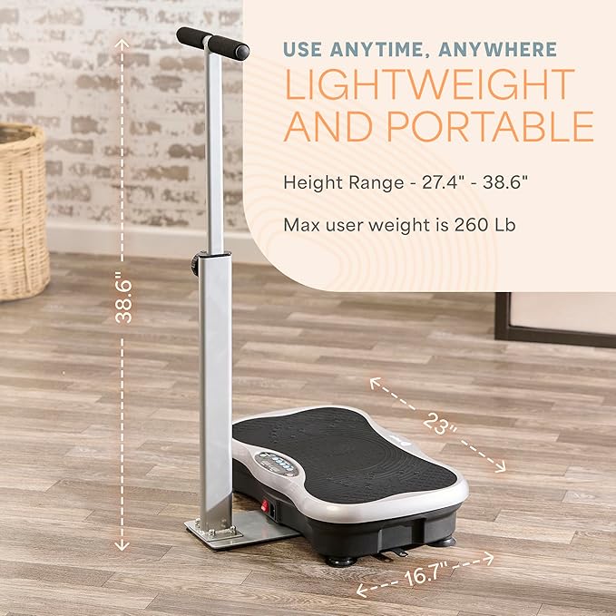 Lifepro TrimLite Vibration Plate Exercise Machine with Handlebars – Whole Body Vibration Platform for Lymphatic Drainage & Weight Loss – 99 Speed Levels, Bluetooth Speaker, Resistance Bands & Remote