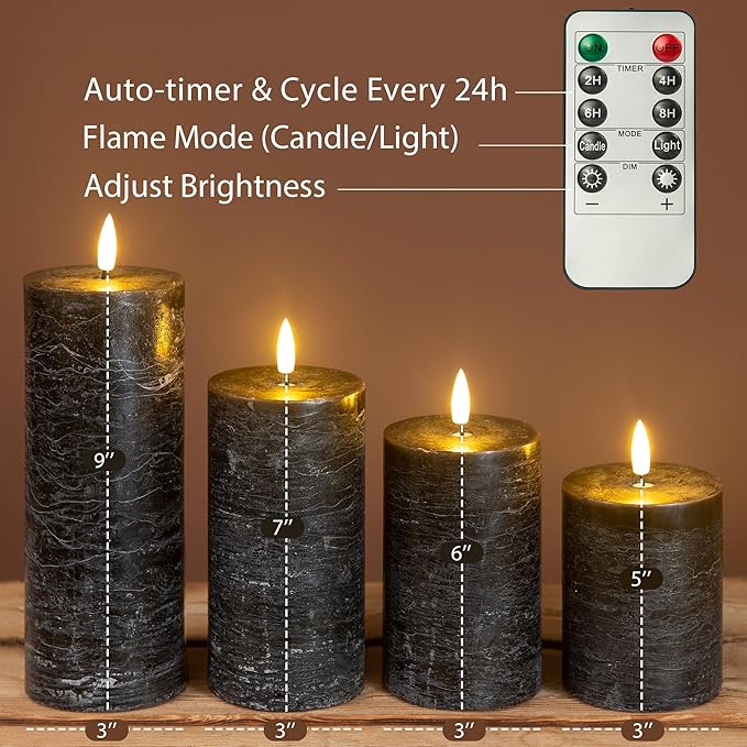 Halloween Flameless Candles, 4 Pack Battery Operated Halloween Candles with Remote, Wax LED Fake Pillar Candles Fireplace/Shelf Decor D3 H 5" 6" 7" 9" Black