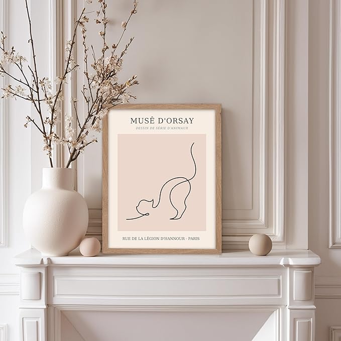 Poster Master Vintage Poster - Retro One Line Cat Drawing Print - Cat Art - Minimal Gift for Men, Women, Animal Lover - Abstract Wall Decor for Home, Office, Bedroom, 11x14 Beige Framed