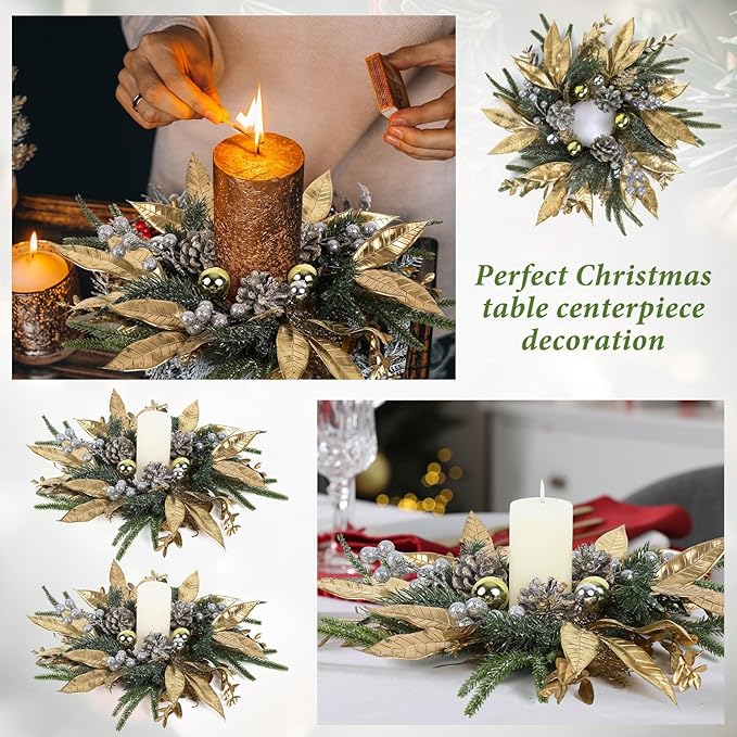 6 Pcs 9 Inch Christmas Wreaths for Kitchen Cabinet Artificial Pine Hanging Cedar Wreath with Christmas Balls Golden Twigs and Silver Berries for Front Door Xmas Winter Farmhouse Home Decorations