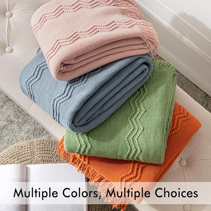 MIULEE Sage Green Knitted Throw Blanket for Couch Textured Spring Knit Blanket with Tassels Cozy Woven Boho Bed Blanket for Sofa Bed Chair Acrylic Wave Pattern 50"x60"
