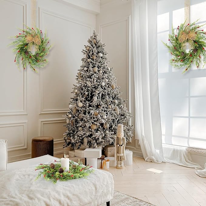 6 Pcs 9 Inch Christmas Wreaths for Kitchen Cabinet Artificial Cedar Pine Hanging Wreath with Red Berries Pine Needles for Front Door Xmas Swag Wreaths for Christmas Winter Farmhouse Home Decorations