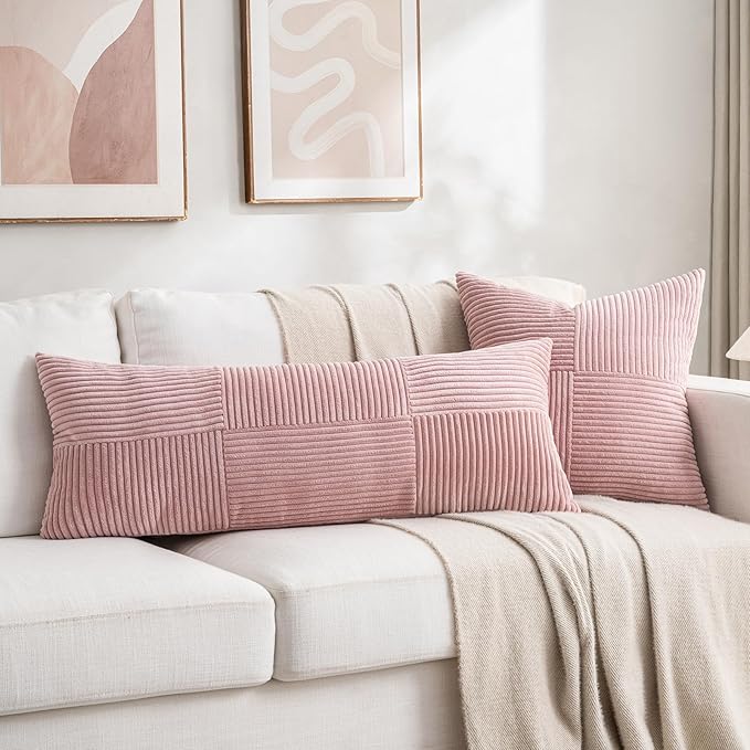 Fancy Homi Set of 2 Blush Pink Boho Long Lumbar Body Decorative Throw Pillow Cover 14x36 Inch for Bed Couch Bedroom Bench, Soft Patchwork Corduroy Textured Pillow Case, Rustic Farmhouse Room Décor
