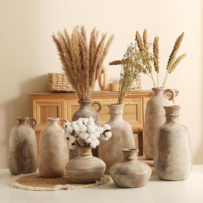 Ceramic Rustic Vase, 12.8" Large Flower Vases Home Decor for Pampas Farmhouse Decorative Pottery Clay Vase for Mantel Entryway Table Living Room Kitchen Bathroom Bedroom