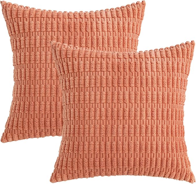 MIULEE Pack of 2 Corduroy Decorative Throw Pillow Covers 20x20 Inch Soft Boho Striped Pillow Covers Modern Farmhouse Home Decor for Summer Sofa Living Room Couch Bed Coral