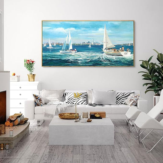XLSJERST Large Blue Canvas Wall Art Seascape Painting - Landscape Picture Textured Navy Modern Sailboat Ocean Artwork Framed for Living Room Bedroom Bathroom Home Office Wall Decor Large Size 24"x48"