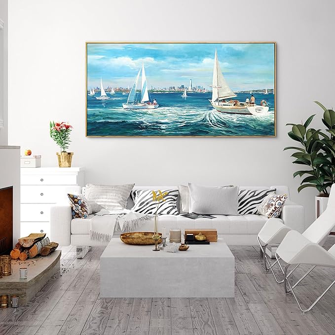 XLSJERST Blue Canvas Wall Art Seascape Painting - Landscape Picture Textured Navy Modern Sailboat Ocean Artwork Framed for Living Room Bedroom Bathroom Home Office Wall Decor Large Size 20"x40"