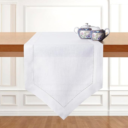 D'Moksha Homes White Linen Table Runner 108 Inches Long - 100% Pure Linen Diamond Table Runner 14 x 108 Inch for Dining, Fall and Halloween - Machine Washable