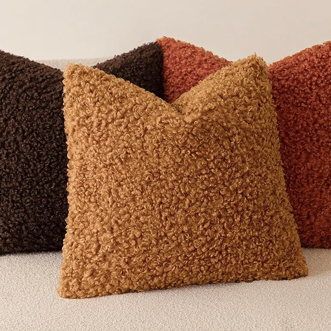 Foindtower Set of 2 Curly Teddy Wool Pillow Covers Decorative Boucle Textured Lumbar Throw Pillow Faux Fur Sherpa Pillowcases Sheepskin Fuzzy Cushion Case for Sofa Bedroom Car 12"x20" Orange