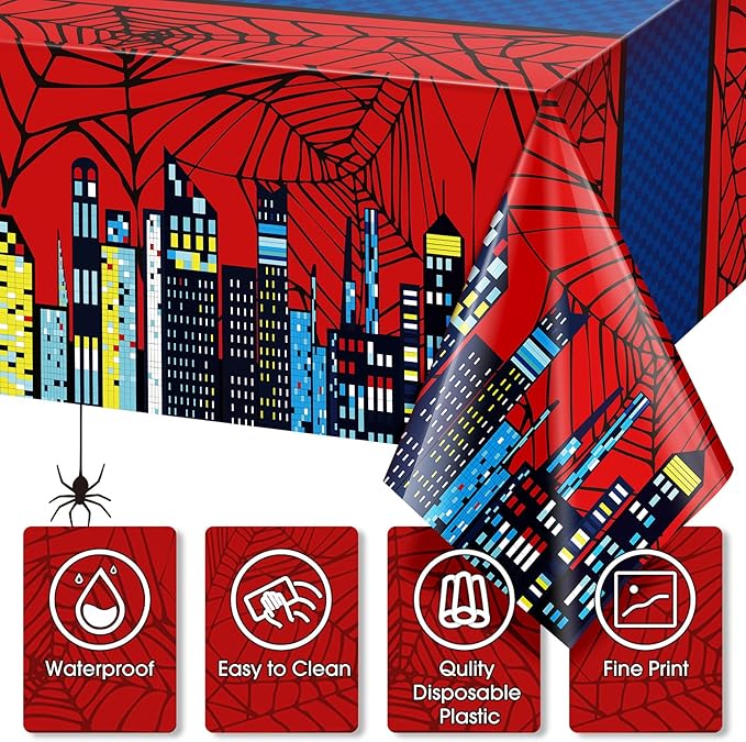 Oudain 5 Pcs Spider Tablecloth 108 x 54 in Red and Blue Plastic Disposable Table Covers City Web Theme Birthday Party Decorations Large Table Cloths for Party Indoor Outdoor (Classic)