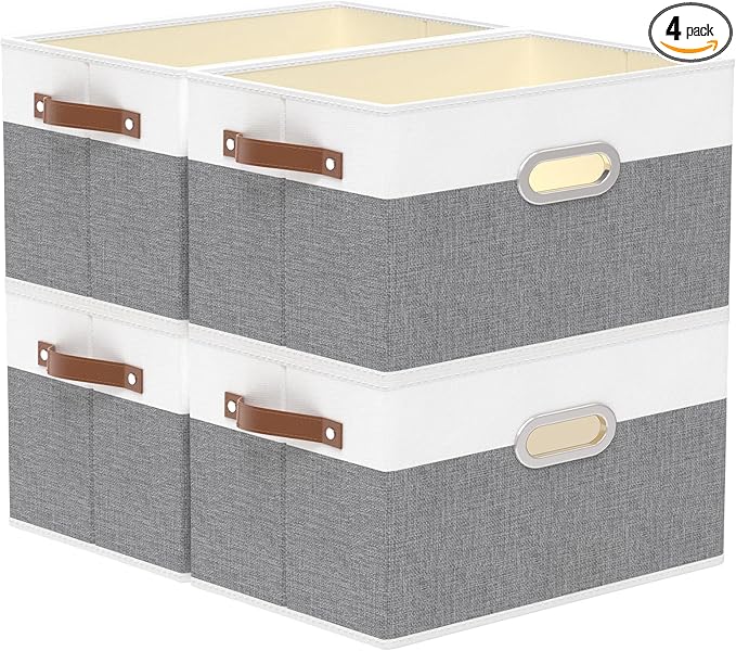 Yawinhe Fabric Storage Bins with Handles, Foldable Baskets for Shelves, Cubes with 3 Handles, Large Boxes for Clothes, White/Grey, 16.9''Lx11.8''Wx10.2''H, 4-Pack