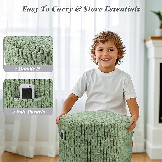 Hexagon Pouf Ottoman Stuffed with 2 Pockets & Handle, Comfort Corduroy Poufs, Non-Slip Foot Stool Storage Ottoman, Foam Floor Poufs Foot Rest for Couch, Bedroom (Green)